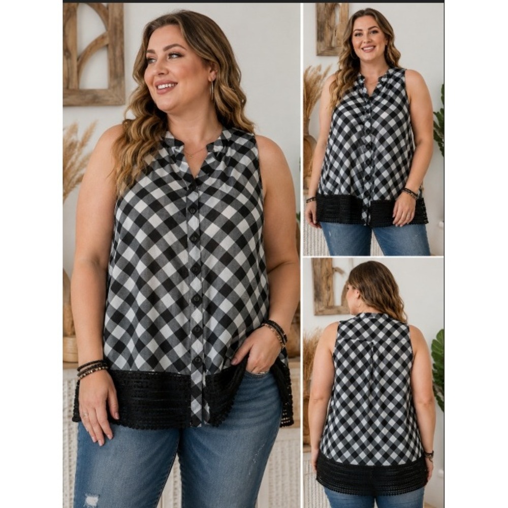 Buffalo‎ Plaid Crochet Lace Tank Blouse Womens 1X French Laundry